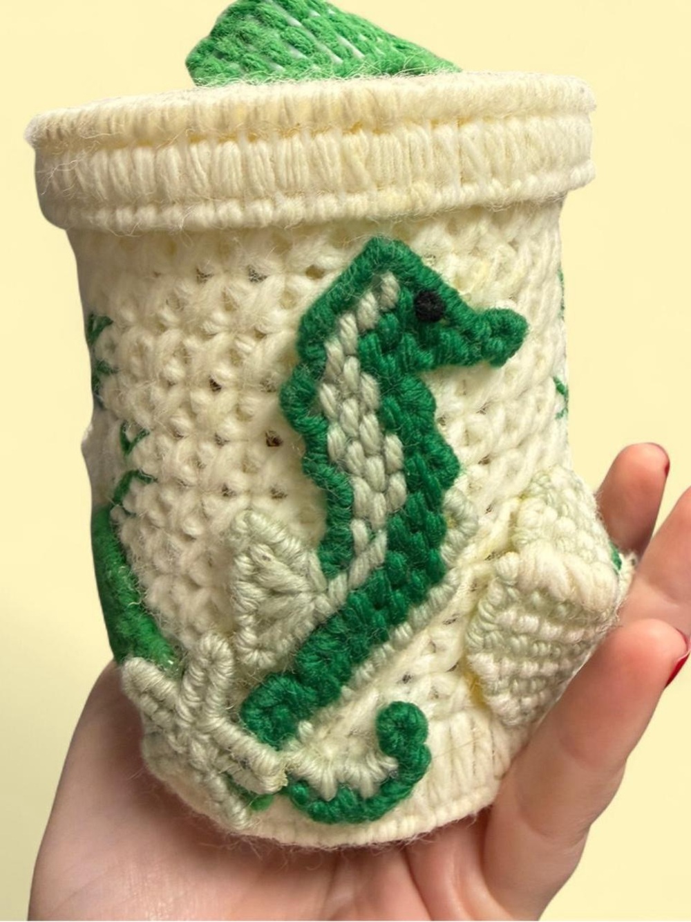 Vintage Cross Stitch Canvas Seahorse Storage Cup